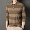 Artículo popular de TikTok: Camiseta de manga larga para hombres de mediana edad, nuevo estilo de otoño, con cuello, a rayas, con bolsillos reales, prenda para hombre
