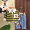Traje de ropa de primavera para niños 2024 Nuevo Conjunto de dos piezas Polo con cabeza de oso a rayas para bebés y niños, ropa casual de moda para bebés