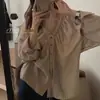 Camisa de Manga Larga con Volantes y Cuello en V para Mujer, Ropa de Abrigo para Primavera y Otoño, Cárdigan, Tacto de Alta Gama, Diseño Perezoso, Top