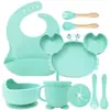 Set de Alimentación para Bebé de Silicona de 9 Piezas - Plato Dividido con Ventosa y Tazón con Forma de Cangrejo con Babero Ajustable y Utensilios