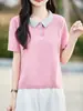 Camiseta Feminina de Verão Malha Gola Polo Manga Curta Cor Contrastante no Pescoço Versátil Rejuvenescedora Linha de Algodão Fina Ombro Manga Curta