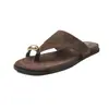 Sandalias Planas de Deslizamiento con Hebilla de Metal, Modernas y Únicas, Punta Redonda, Punta Abierta, Cuero Genuino, Casuales para Playa, para Mujer, 2026