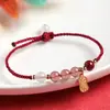 Corda Vermelha Feliz e Saudável para Mulheres no Ano de Nascimento, Estilo Chinês Pulseira de Corda Tecida à Mão de Cristal de Morango e Cinábrio, Pulseira de Jade
