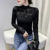 Estação Europeia Foto Real Outono 2021 Gola Alta Renda Manga Longa Costura Vazado Ajuste ao Corpo Emagrecedor Top Feminino Camisa Base
