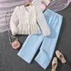 Conjunto de Duas Peças de Roupa Infantil Transfronteiriça Europeia e Americana, Moda Nova de Primavera, Gola V, Doce, Casual, Renda Floral, Manga Longa, Blusa e Calça