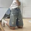 Shorts Jeans Vintage Lavado Estilo Retrô Americano para Mulheres, Calças Versáteis de Perna Reta Estilo de Rua Emagrecedoras de Perna Larga Tendência