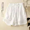 Shorts de Linho Finos de Verão Feminino Renda Vazada Vintage Cintura Elástica Calças Casuais Largas Versátil Calças de Sarja de Algodão e Linho de Perna Larga