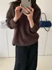 Outono de 2026 Novo Suéter de Tricô Versátil Casual para Trabalho Elegante Cor Sólida Escovado Gola V Manga Longa Estilo Coreano para Mulheres