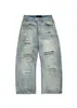 Jeans Lavados y Desgastados de Moda Callejera con Adornos Metálicos, Pantalones Rectos Unisex Estilo Callejero Americano