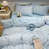 Lindo Juego de Cama de Cuatro Piezas de Gasa de Doble Capa de Algodón Acolchado para Hogar y Dormitorio, Adecuado para Todas las Estaciones