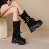 Botas Retro de 12 cm hasta la mitad de la pantorrilla con hebilla de cinturón, Botas de Caballero, Botas delgadas con cordones, Botines de tacón grueso para mujer, Botas vaqueras