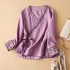 Top de Comercio Exterior Transfronterizo Japonés y Coreano de Algodón y Lino Bordado Diagonal Artístico Retro Holgado Hanfu Mejorado Ropa Antigua de Té Zen