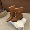Botas de lujo hasta la mitad de la pantorrilla, punta fina retro, plisadas, de pierna ancha, nuevos estilos otoño/invierno, botines vaqueros occidentales de tacón grueso.
