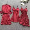 Desfrute de Camisolas Sexy Europeias e Americanas Transfronteiriças com Alças e Bojos, Roupa de Casa Feminina, Camisola, Roupão, Conjunto de Quatro Peças