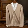 Nuevo Cárdigan de Punto 100% Lana para Hombre de Primavera y Otoño, Cuello en V Manga Larga Estilo Coreano Holgado Color Sólido Chaqueta, Suéter Versátil de Moda