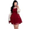 Talla Grande Gordo mm Vestido Francés Puro Lujuria con Tirantes Look Sexy Adelgazante Falda Tutú + Cárdigan Protección Solar Conjunto de Dos Piezas