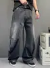 Jeans Masculino Retrô Americano Lavado Desgastado Rasgado Tendência Perna Reta Solta Abertura com Cordão Calças Compridas até o Chão