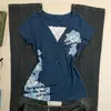 Camiseta Retro Americana Estampa Floral Azul Manga Curta Renda Vintage Costura Decote V Slim Fit Top Verão