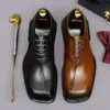 Zapatos de cuero para hombre con punta cuadrada, piel de vaca genuina, calzado formal de negocios, zapatos para novio de boda, Oxford marrón, estilo británico, zapatos de hombre de alta gama
