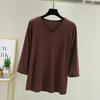 Camiseta de Sete Mangas Modal de Estilo Coreano Feminina Outono Decote V Slim-fit Base Camisa Solta para Todos os Combos Cor Sólida Top