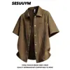 Camisa de Verano para Hombre de Fabricante Transfronterizo Estilo Delgado Cuello Campana Camisa de Cuadros de Burbujas Camisa Casual de Manga Corta Holgada de Moda para Hombre