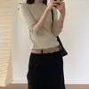Roupa feminina, estilo Dongdaemun coreano, top básico liso de alta qualidade, barra ondulada, corte justo, valoriza a silhueta, malha macia, camiseta de manga comprida