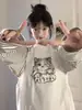 Camiseta Divertida com Estampa de Gatinho Costura em Cor Contrastante Gola Redonda Manga Longa para Mulheres 2025 Nova Moda Versátil Casual Top Ins