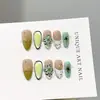Puntas de uñas hechas a mano de alta calidad con forma de almendra verde, estilo europeo y americano, arte de uñas en relieve 3D pintado a mano, pegatinas para uñas postizas