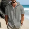 2026 Verano Transfronterizo Amazon Camisa Casual de Manga Corta Lisa 3D para Hombre con Capucha y Cordón Cárdigan Fruncido Tendencia