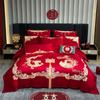 Juego de Cuatro Piezas de Lujo Ligero Rojo Grande para Boda de Algodón Puro Sábanas y Fundas de Edredón Bordadas con Dragón y Fénix Ropa de Cama para Boda