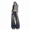 Jeans de Pierna Ancha Lavados Desgastados Estilo Retro Americano para Mujer Rectos Holgados con Caída Hasta el Suelo Pantalones Largos Azules Yi Chun