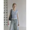 LiLvi Camiseta de Manga Curta com Renda na Gola V Falsa de Duas Peças para Mulheres Verão Design Sense Nicho Slim-Fit Ombro Normal Cropped