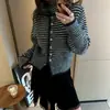 Cárdigan de punto de manga larga con cuello alto a rayas de estilo retro europeo y americano transfronterizo, diseño versátil, suéter holgado para mujer
