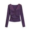 Camiseta Manga Longa Plissada Decote V com Recorte em Renda Estilo Pura Luxúria Outono Nova Slim Curta Cor Lisa Top Básico