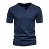 Camiseta para Hombre de Comercio Exterior Transfronterizo 2023 con Hebilla Henry Americana Manga Corta Camiseta para Hombre Corte Ajustado Color Sólido Deportiva Chico Fuerte Base