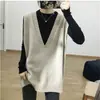Chaleco de punto retro de cuello en V de longitud media estilo coreano, corte holgado y estilizado, perfecto para usar en capas