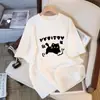 Camiseta de Algodón Puro Suelta de Manga Corta para Mujer 2026, Top Corto Holgado de Talla Grande a Media Longitud con Diseño de Gato