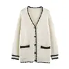 Cardigan de tricô com gola V e detalhes em cores contrastantes, estilo europeu e americano ins, moda elegante 2026, estilo universitário para o dia a dia, roupas femininas