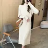 Vestido jersey de punto acanalado elástico de cuello medio para mujer, versátil de ajuste ceñido para otoño e invierno, vestido largo básico de punto