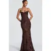 Vestido de Festa Longo Europeu e Americano Estilo Francês Cauda de Peixe com Alças Finas Floral Slim Fit Abraçando o Quadril
