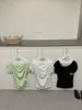 Liquidación, Sin Devoluciones ni Cambios: Camiseta de Manga Corta Irregular con Cuello Caído, Acanalada de Alta Calidad, Estilo Coreano, Elegante, Plisada, Holgada, Adelgazante W9516