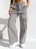 Pantalones de trabajo de pierna ancha de cintura media-alta transfronterizos para mujer, pantalones largos rectos de algodón lavado multibolsillo, pantalones holgados adelgazantes de largo hasta el suelo