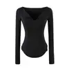 Estilo Ligeramente Maduro Elegante Cuello en V con Dobladillo Manga Larga Top Otoño/Invierno Capa Base Dobladillo Curvo Camiseta Base Adelgazante