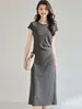26 Estilo Nuevo Primavera y Verano Cintura Ceñida Ajustado Cuello Redondo Casual Elegante Fruncido Irregular Vestido Camiseta para Mujer 22788