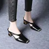 Nuevas Sandalias de Verano Transfronterizas de Comercio Exterior para Mujer, Cuadradas, de Media Tacón, Suaves, de Cuero, Casuales, sin Cierre, de Punta Cerrada