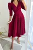 2022 comercio exterior transfronterizo otoño nuevo vestido de mujer color liso cintura plisada manga siete volantes amplios en stock