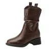 Botas retro de cuero suave para mujer con 8 cm de aumento de altura interior, botas plisadas apiladas, nuevo modelo 2026, tacón grueso, botas estilo Martin con corte en V adelgazante, botas de moda