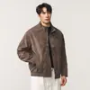 Chaqueta retro americana tie-dye con cuello mao para hombre, colección otoño 2026, chaqueta bomber de corte holgado estilo motero, chaqueta de piel sintética para hombre