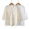 2025 Plus Size Primavera e Verão Novo 100,00kg Menina Cheinha Casual Vintage Jacquard Manga Sete Pontos Camisa Longa Feminina 7198