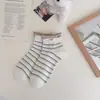 Meias Coreanas para Mulheres com Etiquetas de Tecido com Letra de Ovo, Meias de Cano Curto, Color-Blocking, Barra Dupla Canelada, Meias Curtas Listradas Finas para Mulheres